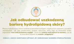 Ilustracja z pytaniem "Jak odbudować uszkodzoną barierę hydrolipidową skóry?". Opisuje ochronną rolę płaszcza hydrolipidowego.