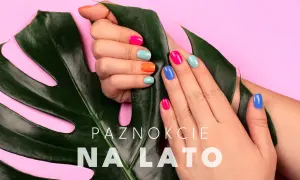 Kolorowe paznokcie na wakacje, ozdobione soczystymi barwami, idealnie komponują się z tropikalnym liściem.
