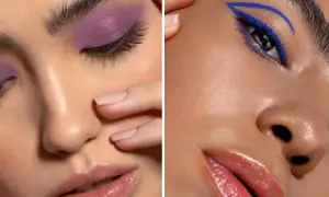 Fioletowe cienie do brązowych oczu i niebieski eyeliner. Błyszczące usta.