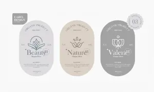 Elegancki skład kosmetyków: trzy etykiety z motywami roślinnymi i nazwami "Beauty", "Nature", "Valera".