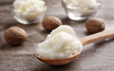 Łyżka z puszystym masłem shea, obok orzechy shea. Dowiedz się, co to masło shea i jakie ma właściwości.