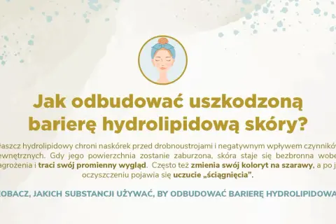 Ilustracja z pytaniem "Jak odbudować uszkodzoną barierę hydrolipidową skóry?". Opisuje ochronną rolę płaszcza hydrolipidowego.