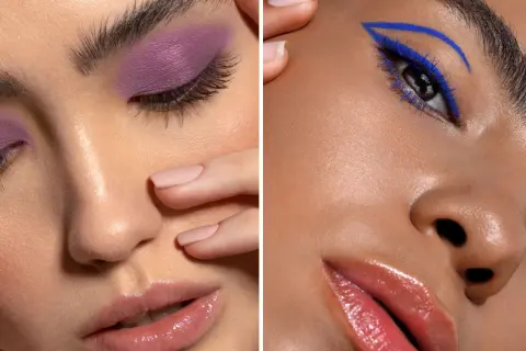 Fioletowe cienie do brązowych oczu i niebieski eyeliner. Błyszczące usta.