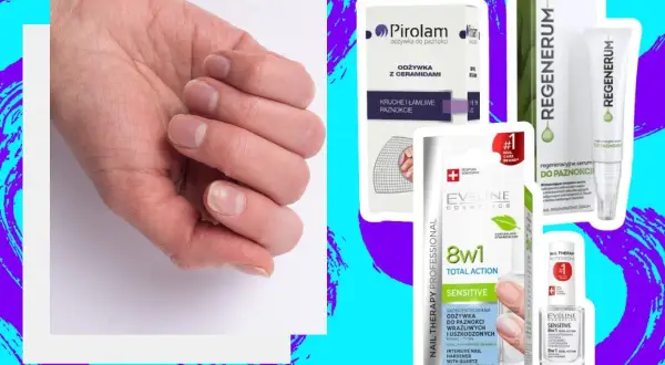 Dłoń z osłabionymi paznokciami obok produktów do ich regeneracji. Zestaw kosmetyków do regeneracji paznokci.