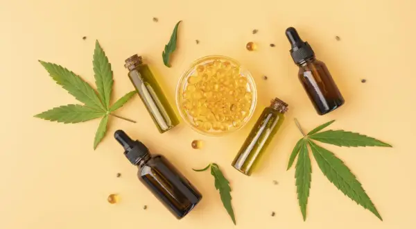 Butelki z olejkami, kapsułki i liście konopi. Odkryj naturalne **cbd działanie** dla lepszego samopoczucia.