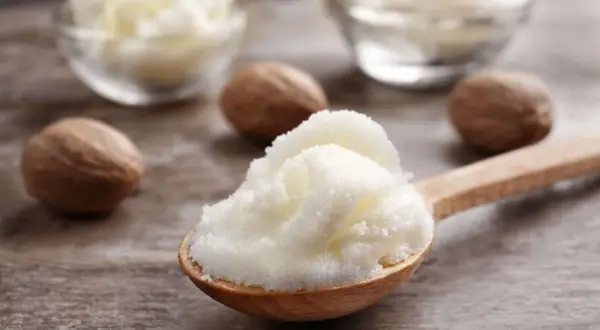 Łyżka z puszystym masłem shea, obok orzechy shea. Dowiedz się, co to masło shea i jakie ma właściwości.