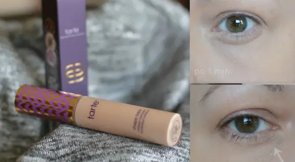 Tarte Shape Tape korektor odcienie. Porównanie efektu pod okiem po 1 minucie i po 1 godzinie.