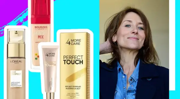 Kobieta z uśmiechem obok kosmetyków, w tym podkładów L'Oréal i Bourjois. Czy to najlepszy podkład drogeryjny?