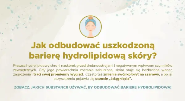 Ilustracja z pytaniem "Jak odbudować uszkodzoną barierę hydrolipidową skóry?". Opisuje ochronną rolę płaszcza hydrolipidowego.