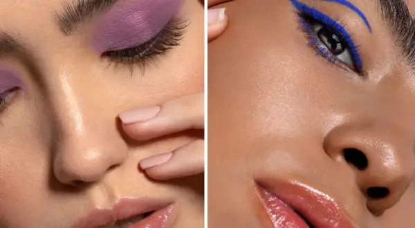Fioletowe cienie do brązowych oczu i niebieski eyeliner. Błyszczące usta.