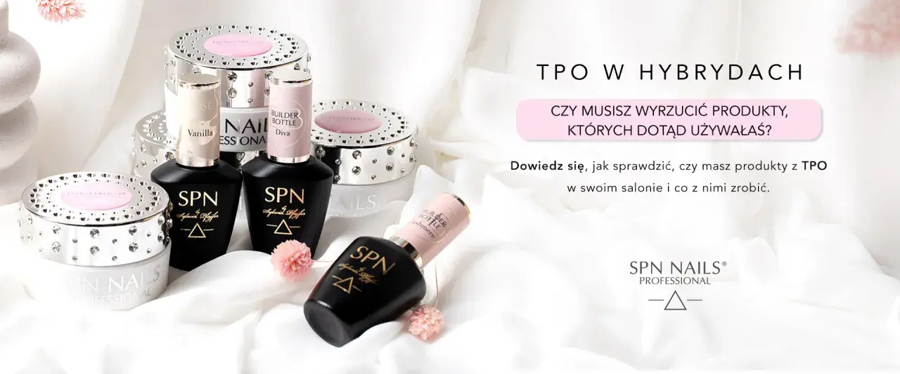 Produkty SPN Nails, w tym lakiery hybrydowe i bazy. Czy na zwykły lakier można nałożyć top hybrydowy? Dowiedz się, jak sprawdzić produkty z TPO.