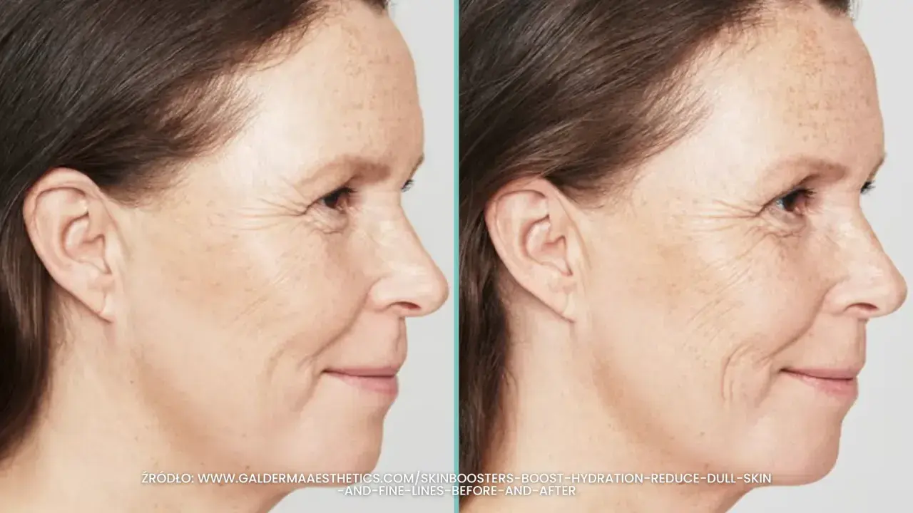 Przed i po zabiegu skin booster. Widoczna poprawa nawilżenia i redukcja drobnych zmarszczek na skórze.