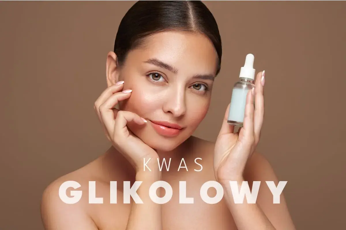 Kwas glikolowy działanie: młoda kobieta z buteleczką serum, podkreślająca gładkość skóry.