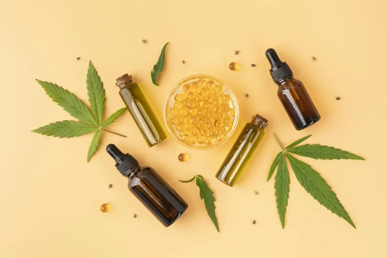 Butelki z olejkami, kapsułki i liście konopi. Odkryj naturalne **cbd działanie** dla lepszego samopoczucia.