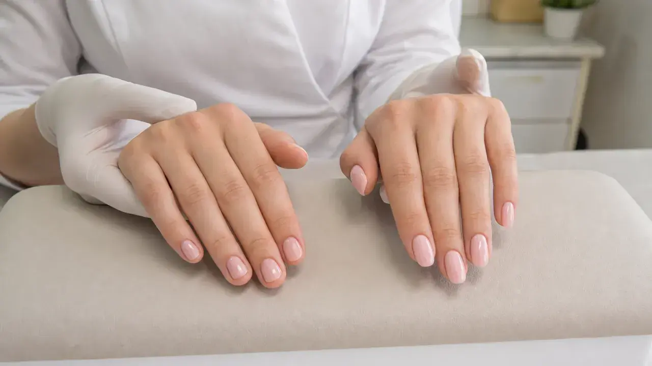 Dłonie po zabiegu manicure, z delikatnym, różowym lakierem na paznokciach. To właśnie jest manicure co to znaczy dbałość o dłonie.
