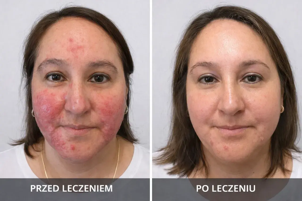Przed i po leczeniu: skóra twarzy z zaczerwienieniem i wypryskami, a następnie wygładzona. Zmiany mogą być powikłania po mezoterapii igłowej.