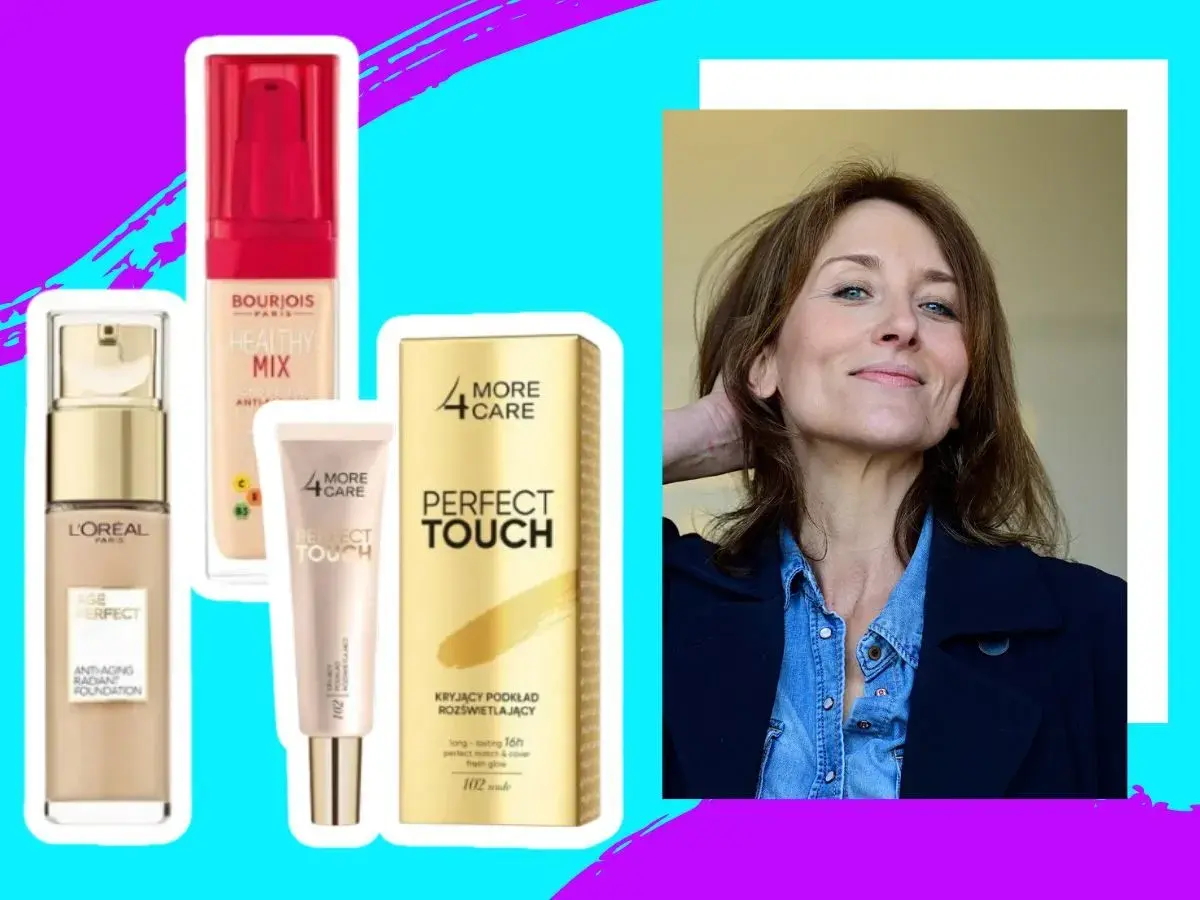 Kobieta z uśmiechem obok kosmetyków, w tym podkładów L'Oréal i Bourjois. Czy to najlepszy podkład drogeryjny?