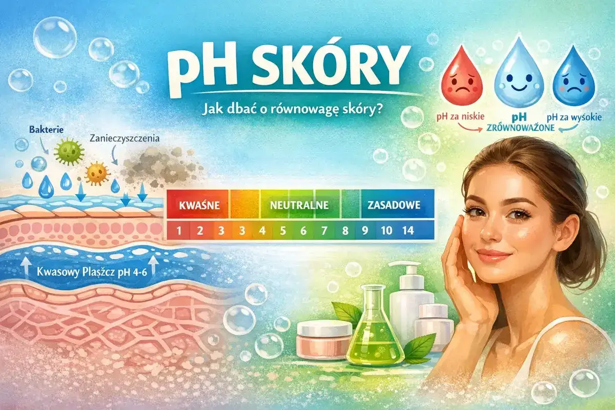 Ilustracja pokazuje warstwy skóry, skalę pH i krople symbolizujące równowagę. Dbanie o właściwe pH skóry jest kluczowe.