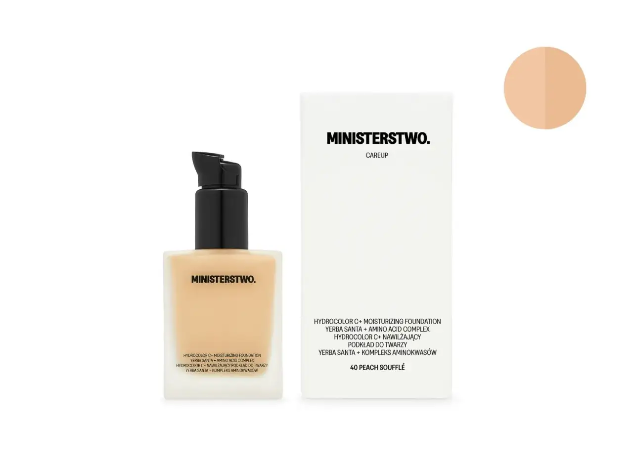 Nawilżający podkład w tubce z pompką Ministerstwo. Hydrocolor C+ w odcieniu 40 Peach Soufflé, z kompleksem aminokwasów.