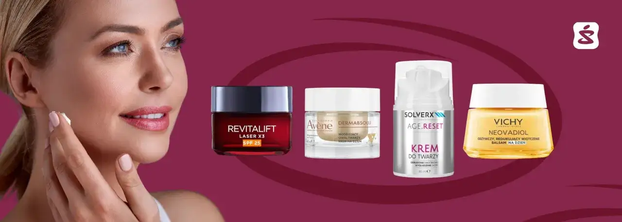 Kobieta aplikuje krem na twarz, obok cztery r&oacute;żne kremy: L'Or&eacute;al Revitalift, Avene Dermabsolu, Solverx Age.Reset i Vichy Neovadiol.