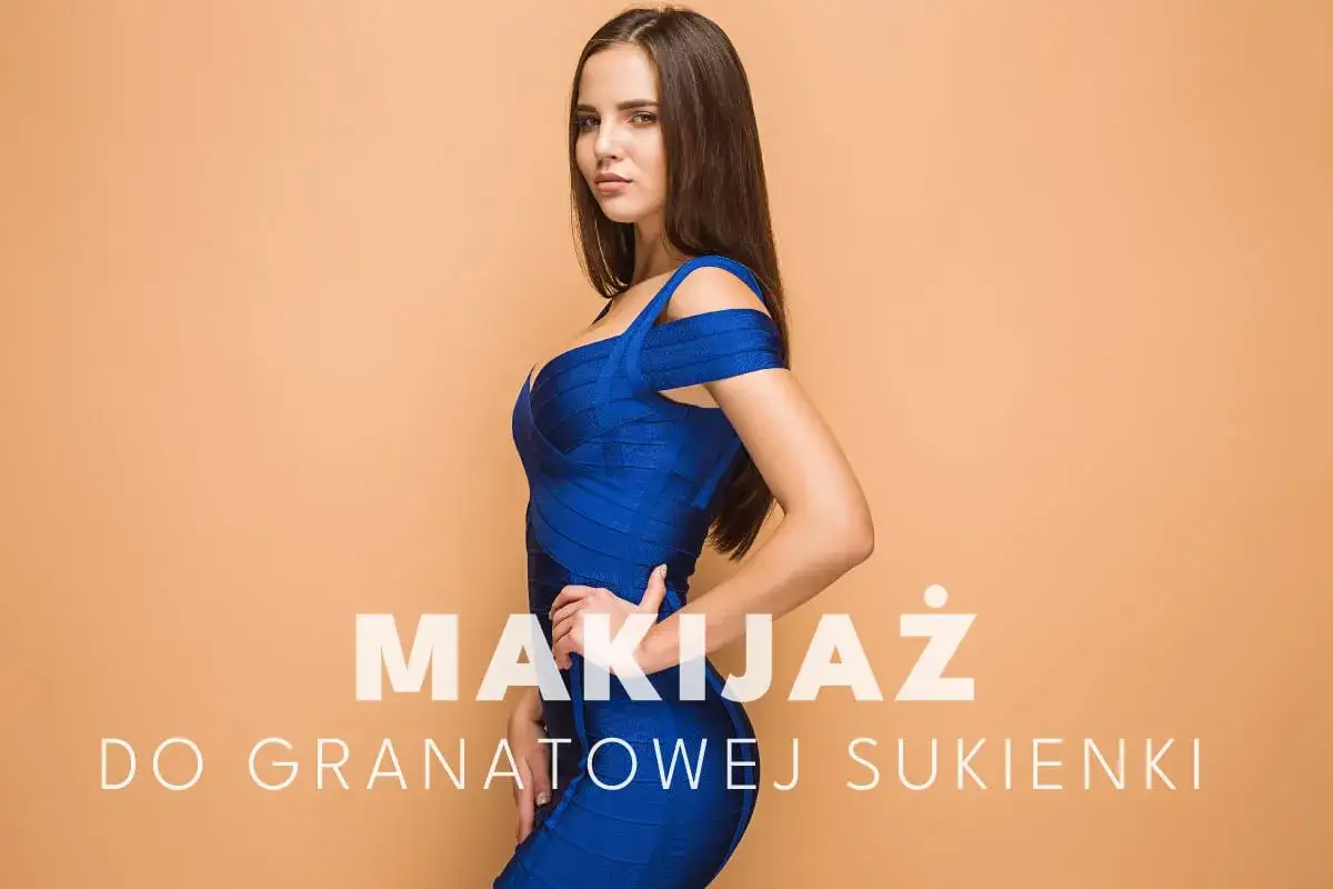 Elegancka kobieta w granatowej sukience, idealny makijaż do granatowej sukienki.
