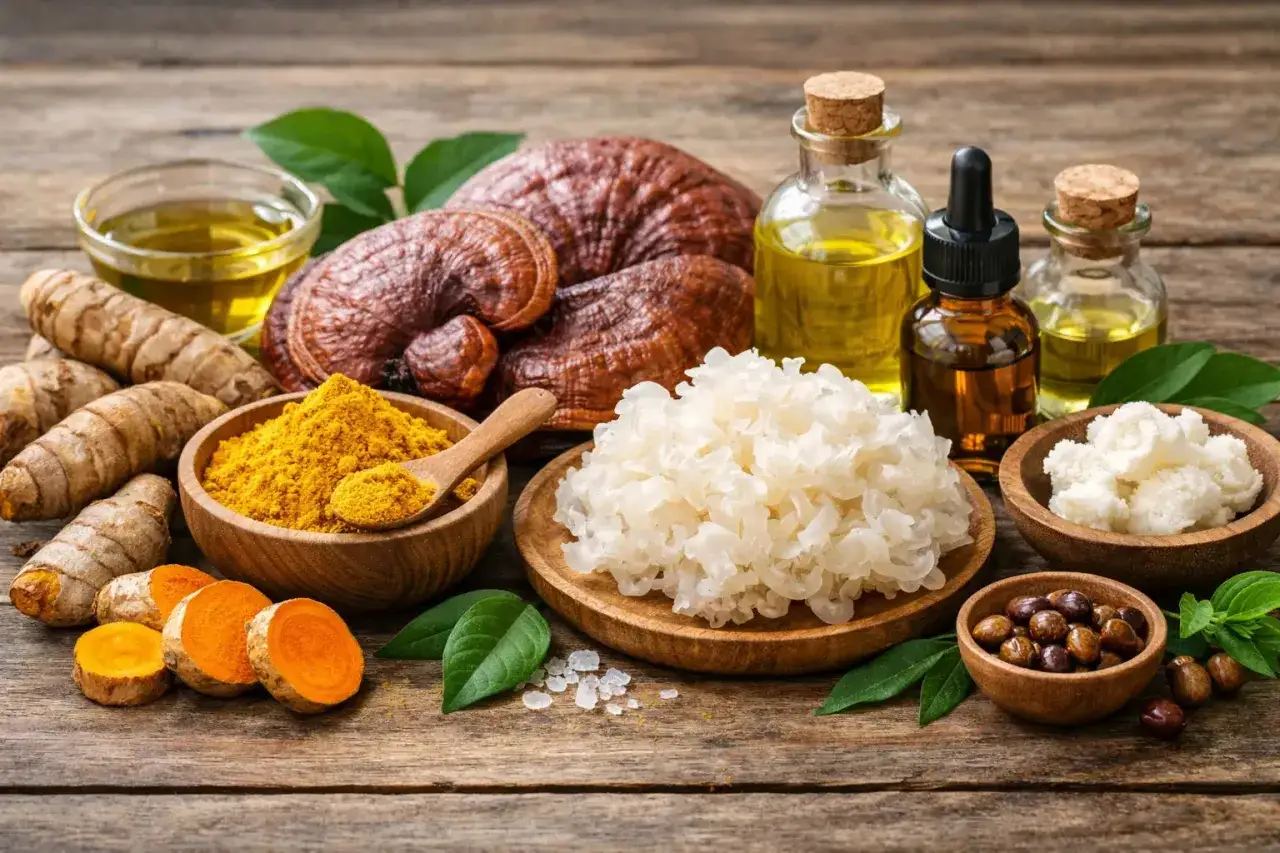 Naturalne składniki do tworzenia kosmetyków: kurkuma, grzyby reishi, olejki i masło shea.