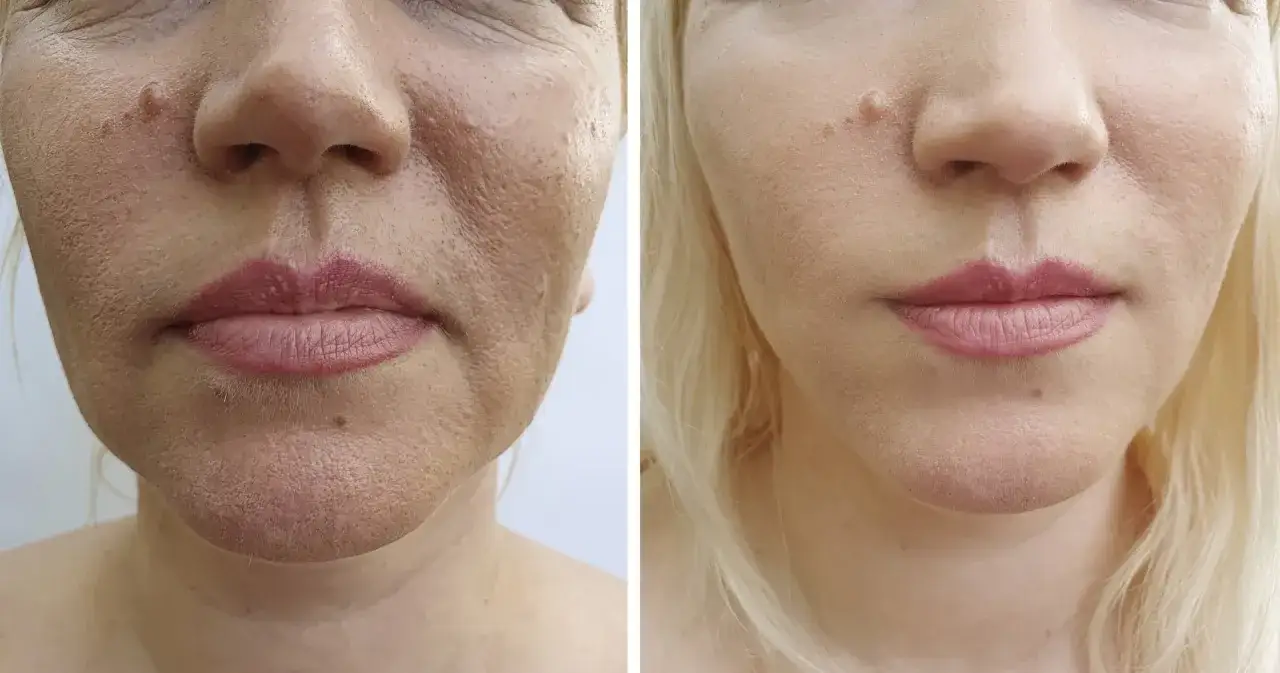 Przed i po zabiegu skin booster: wygładzona sk&oacute;ra, zredukowane zmarszczki i poprawa tekstury cery.