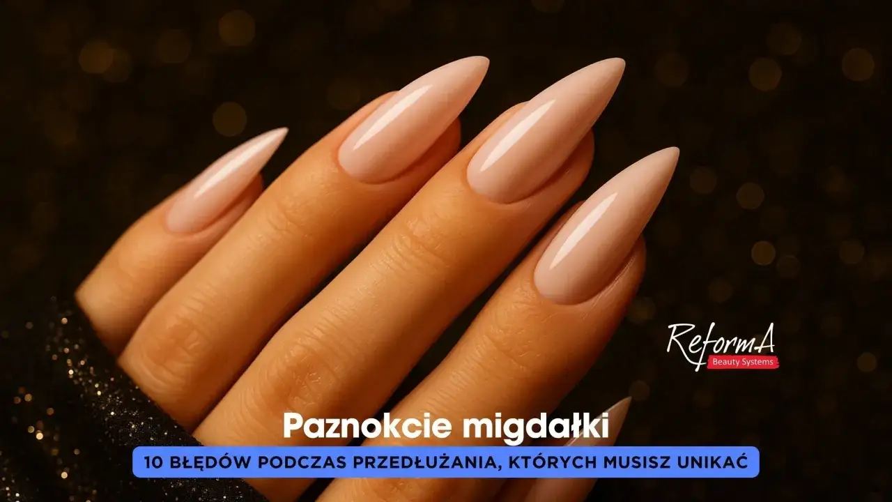 Eleganckie paznokcie migdałki w cielistym kolorze. Długie, smukłe, idealnie ukształtowane.