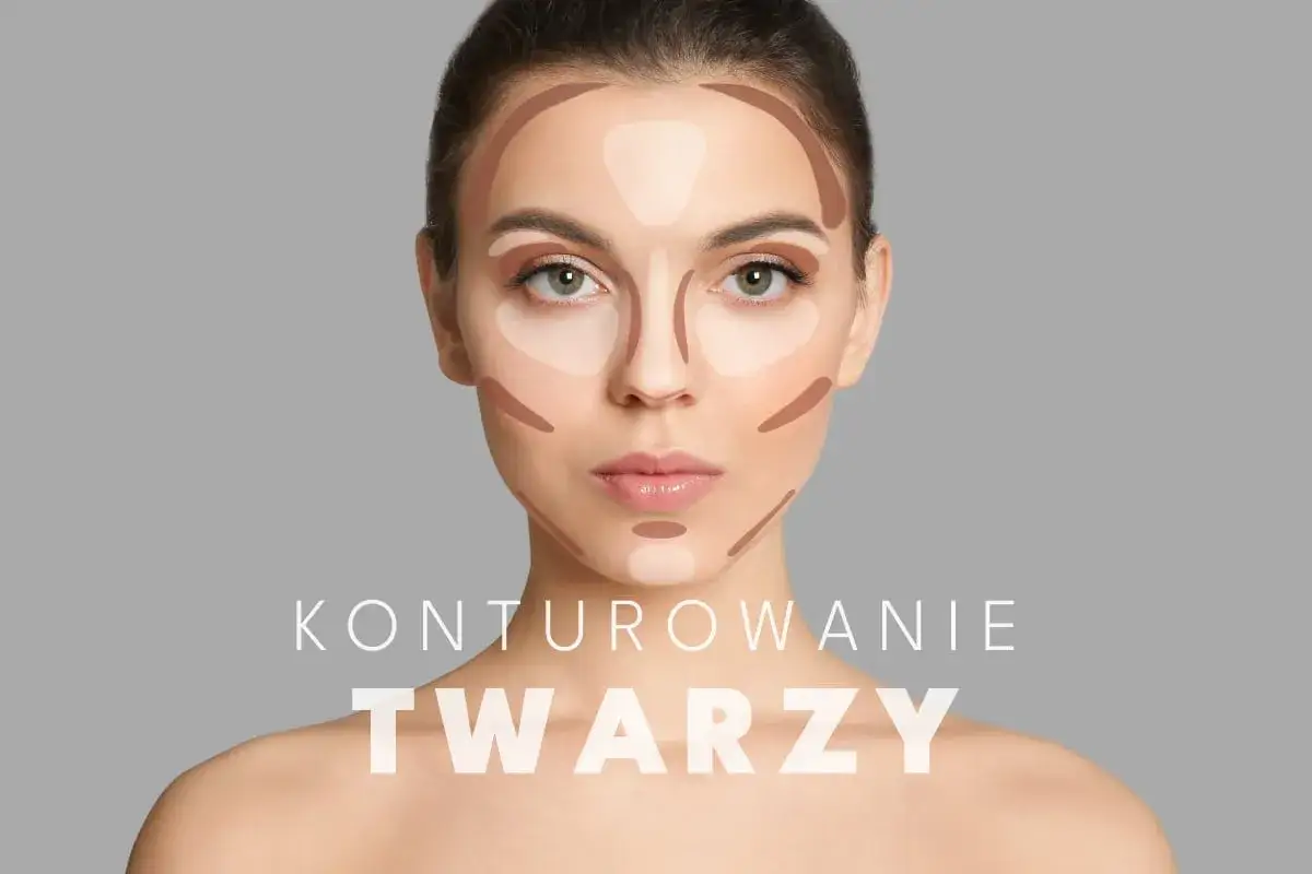 Modelka prezentuje techniki konturowania twarzy. Pokazano, jak nakładać podkład i rozświetlacz, by podkreślić rysy.