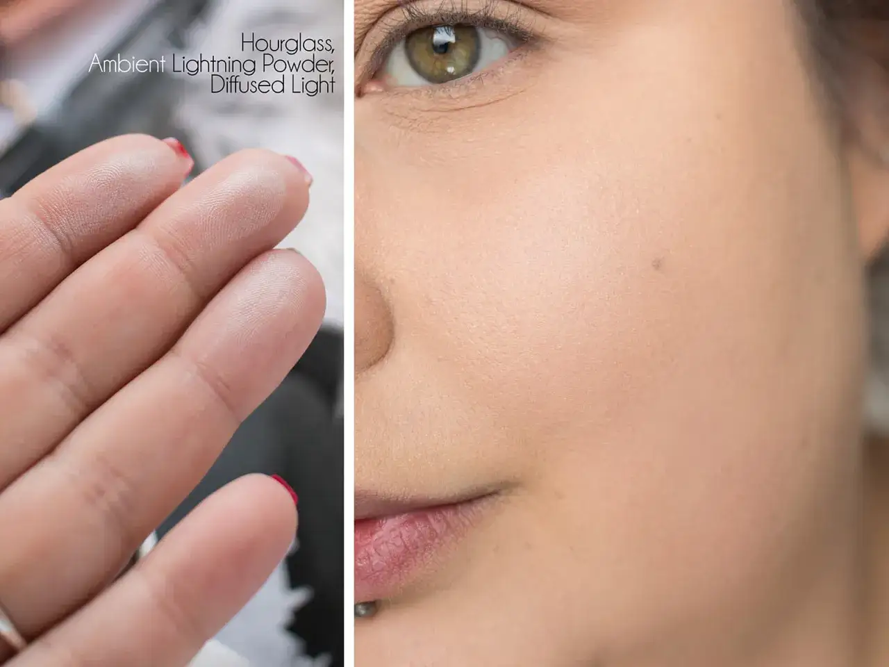 Delikatny puder Hourglass Ambient Lighting Powder, Diffused Light na palcach i na skórze twarzy, nadający subtelny blask.