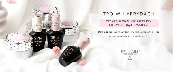 Produkty SPN Nails, w tym lakiery hybrydowe i bazy. Czy na zwykły lakier można nałożyć top hybrydowy? Dowiedz się, jak sprawdzić produkty z TPO.