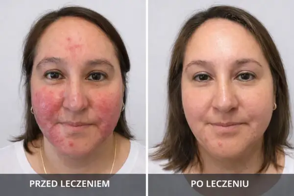 Przed i po leczeniu: skóra twarzy z zaczerwienieniem i wypryskami, a następnie wygładzona. Zmiany mogą być powikłania po mezoterapii igłowej.