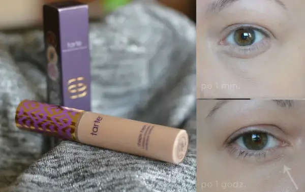Tarte Shape Tape korektor odcienie. Porównanie efektu pod okiem po 1 minucie i po 1 godzinie.
