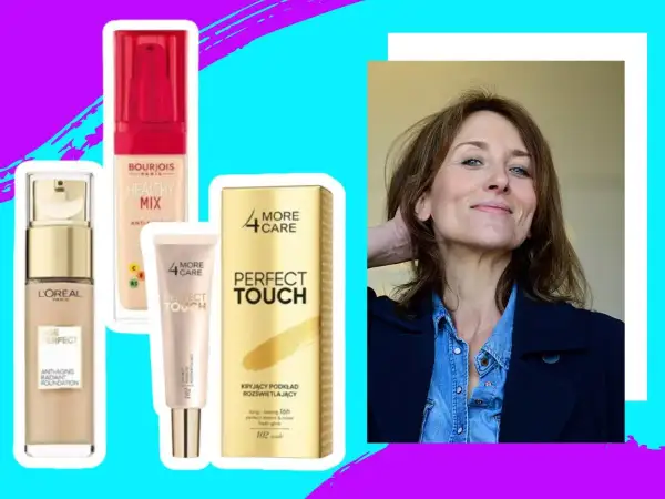 Kobieta z uśmiechem obok kosmetyków, w tym podkładów L'Oréal i Bourjois. Czy to najlepszy podkład drogeryjny?