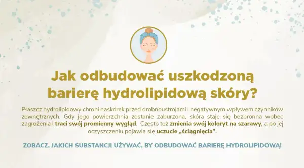 Ilustracja z pytaniem "Jak odbudować uszkodzoną barierę hydrolipidową skóry?". Opisuje ochronną rolę płaszcza hydrolipidowego.